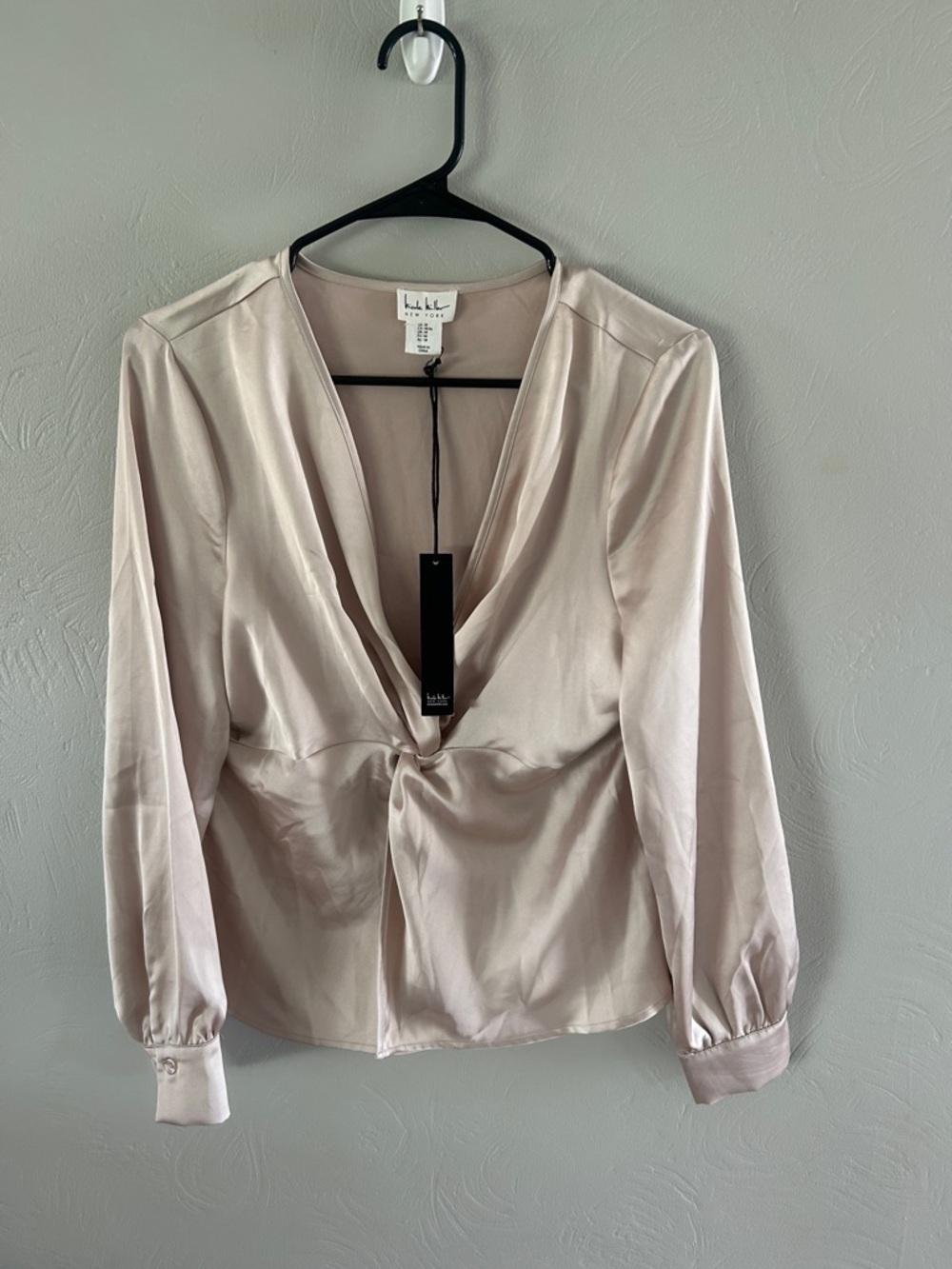Nicole Miller, New York twist front long sleeve satin finish blouse